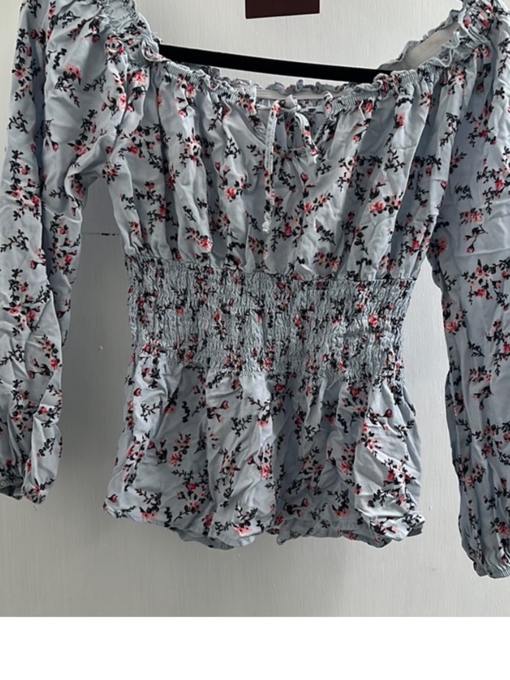 Light Blue Floral Peasant Top with Ruffle Detail